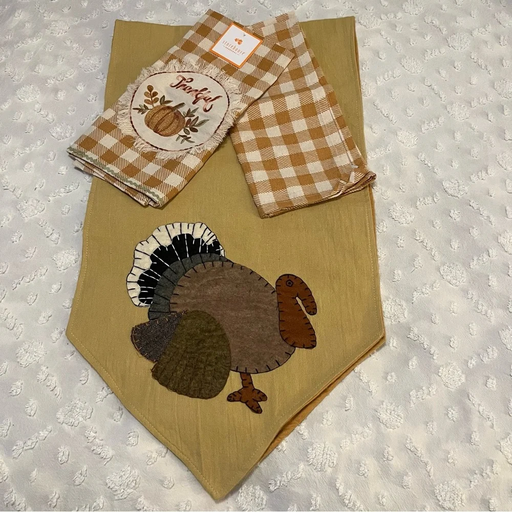 Thanksgiving Pumpkin Themed Dishtowels Turkey Appliqués Table Runner Bundle